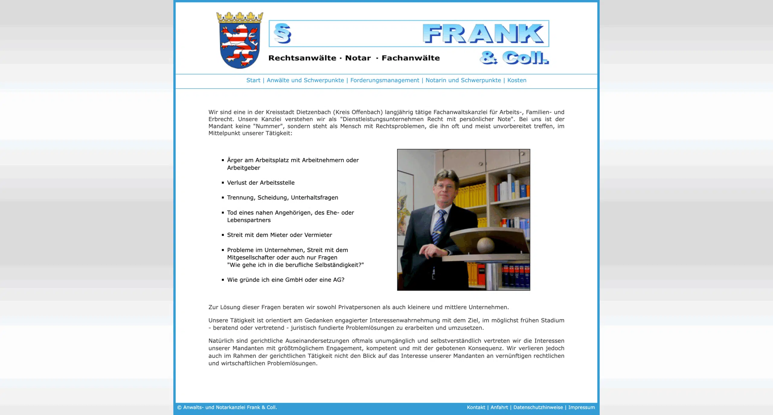 Rechtsanwälte Frank und Coll. vorher Website